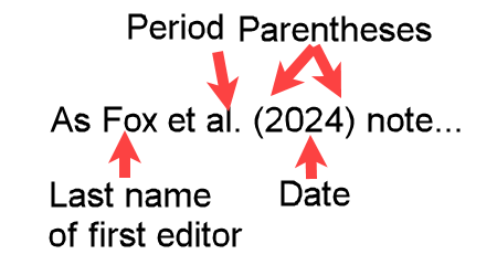 Example (Fox et al., 2024) of an APA formatted in-text narrative citation for three editors