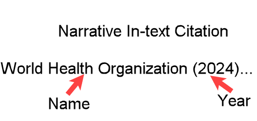 Example "World Health Organization (2024)…" showing an APA-formatted narrative in-text citation for a group author
