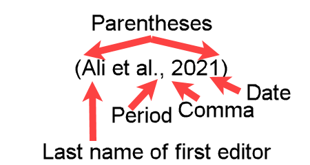 Example (Ali et al., 2021) of an APA formatted in-text parenthetical citation for more than twenty editors