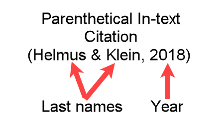 Example (Helmus & Klein, 2018) showing an APA-formatted parenthetical in-text citation for two authors