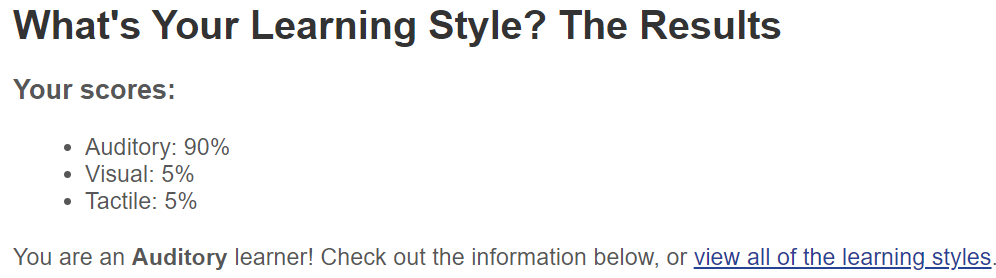 Report that shows the learner has an auditory learning style.
