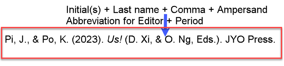 Example "<i>Us!</i> (D. Xi, & O. Ng, Eds.)." of an APA formatted reference with two authors and two editors placed after the title