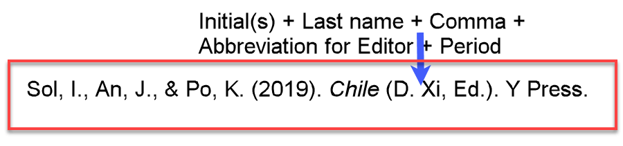 Example "<i>Chile</i> (D. Xi, Ed.)." of the title section of an APA-formatted reference with three authors and one editor placed after the title