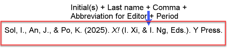 Example "<i>X!</i> (I. Xi, & I Ng, Eds.)." of the title section of an APA-formatted reference with three authors and two editors placed after the title