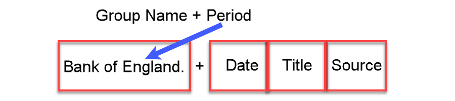 APA reference example with group author 'Bank of England' and placeholders for date, title, and source