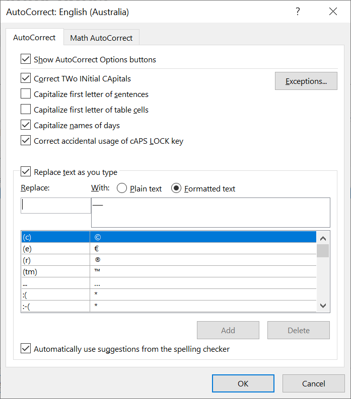 Create an autocorrect entry for an en dash