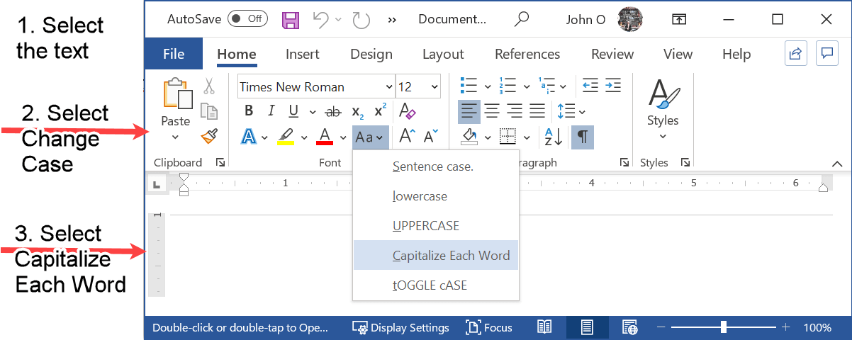 Word screen shot to capitalize each word
