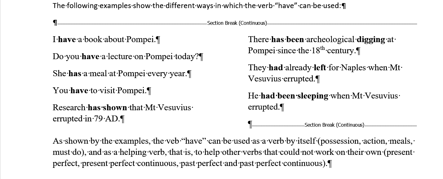 Example two columns inserted inside a page in Word