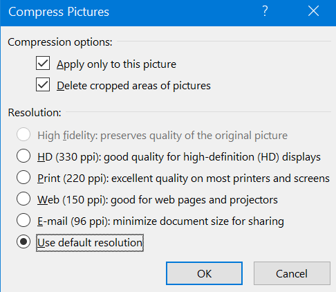 Word options for compressing pictures in a document