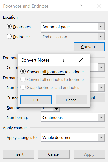 Convert footnotes to endnotes at the end of each section