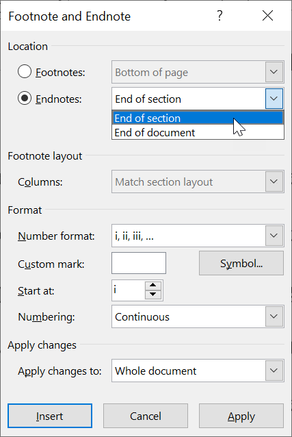 Prepare to convert footnotes to endnotes at the end of each section