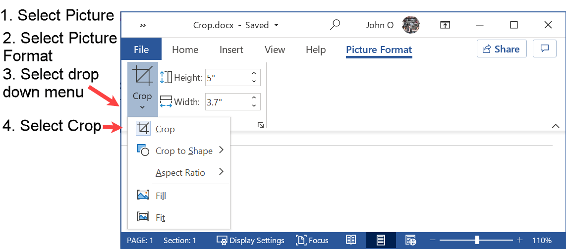Select cropping function in Word