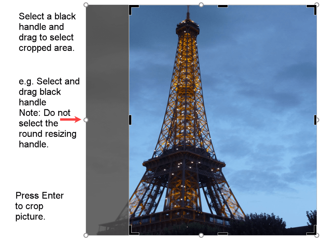 Select and drag handle to crop a picture in Word