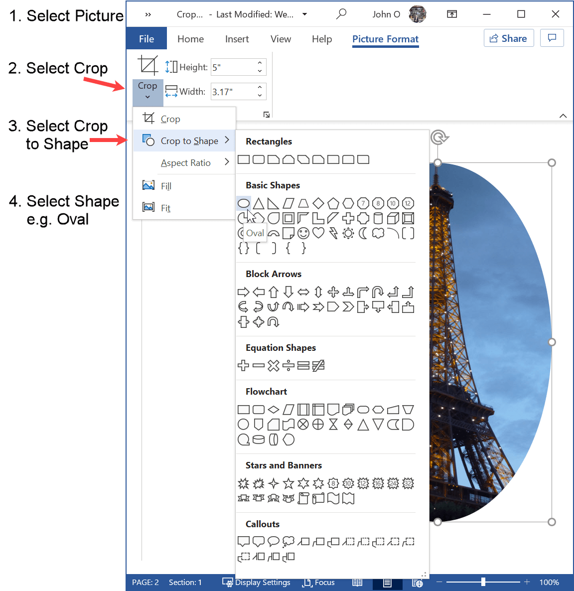 Select Crop to Shape tool in Word