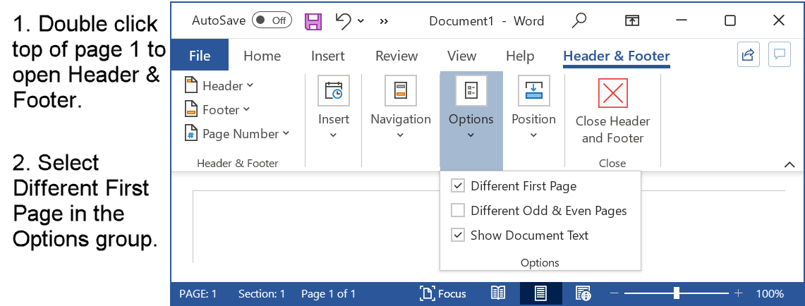 Set the title page in Microsoft Word with no page number displayed