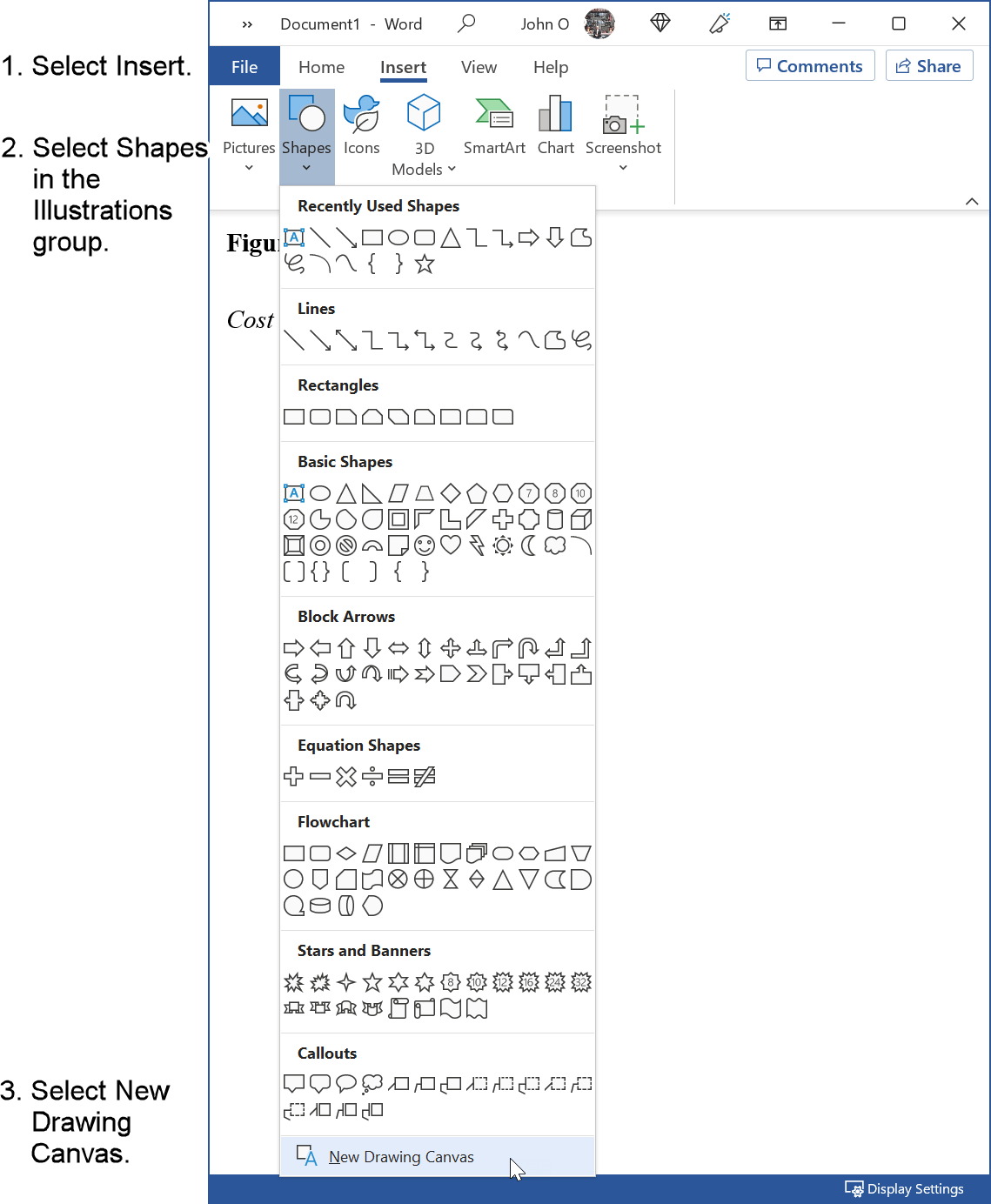 Insert the drawing canvas one double spaced line after the figure title