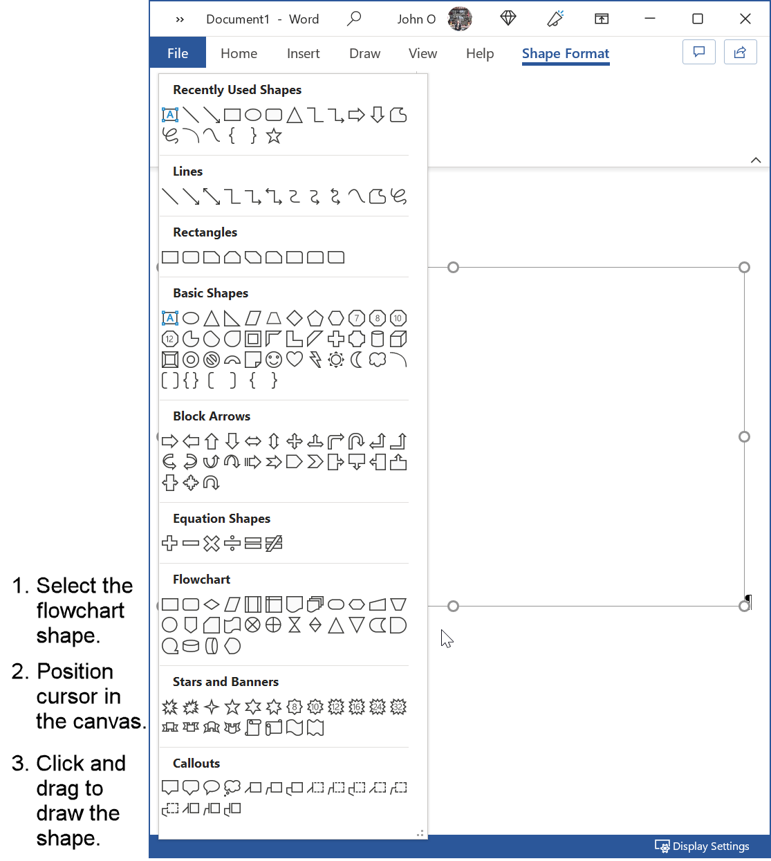 Select and draw the flowchart shape.