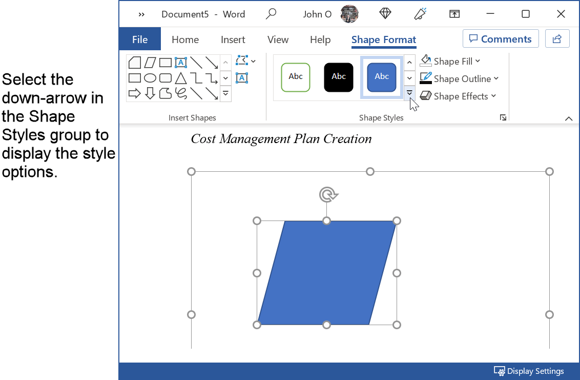 Display the different shape formats