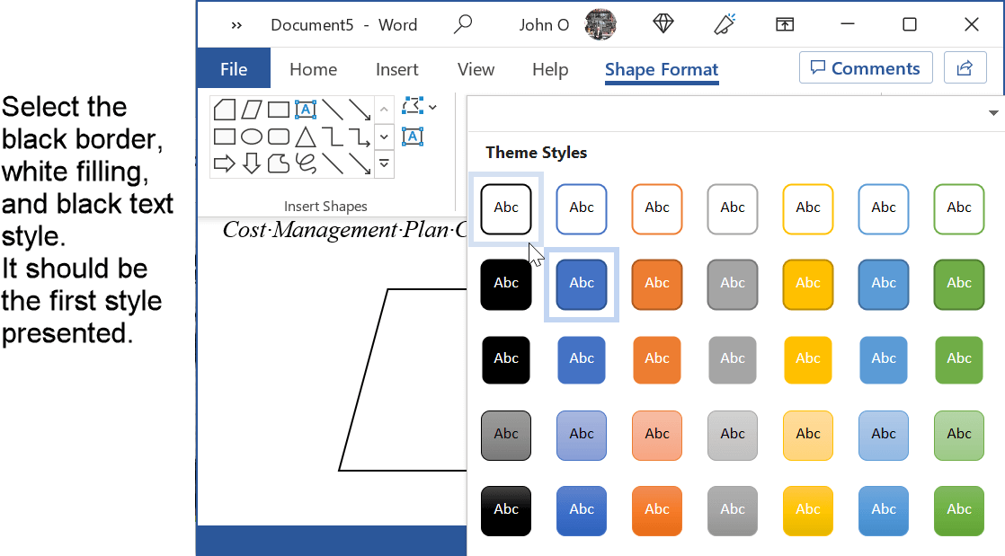 Select white fill, black outline for the flowchart shape in APA format.