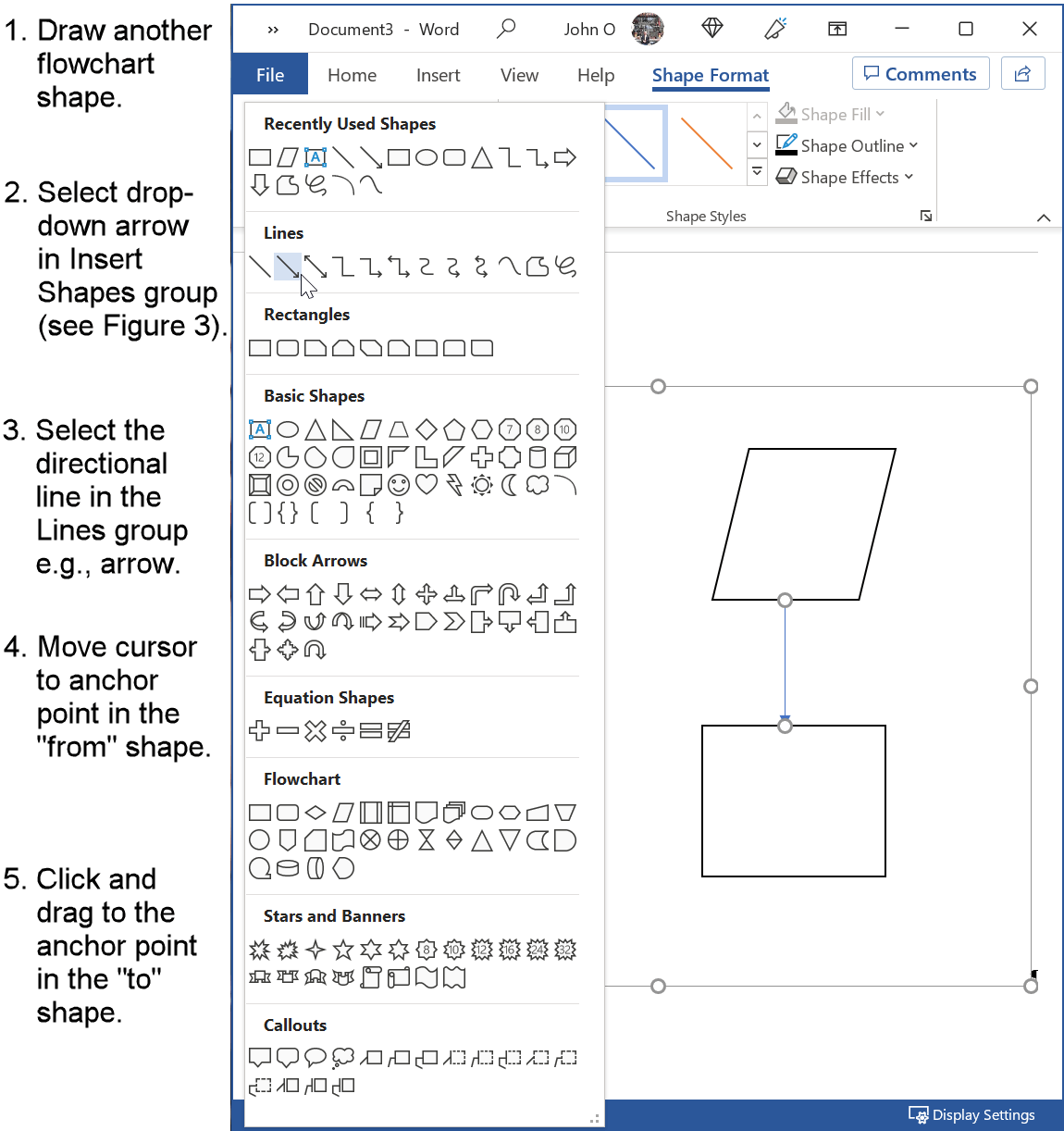 Draw an arrow headed line between two shapes.