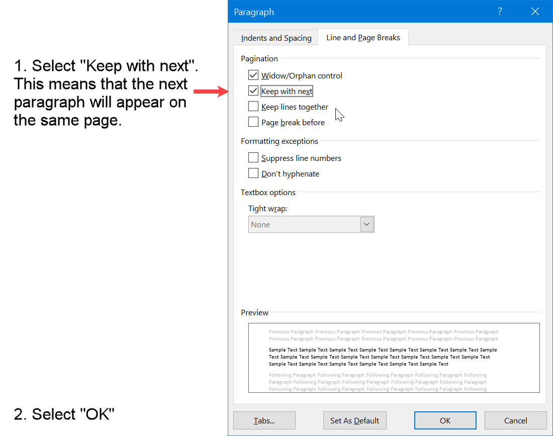 Select "Keep with next" in Paragraph settings to keep the APA format for a picture on the same page