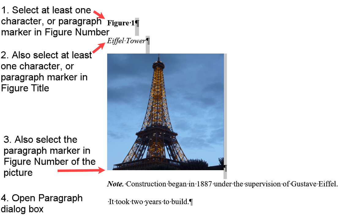 Select paragraph markers for the components of a figure in APA format in a Word document