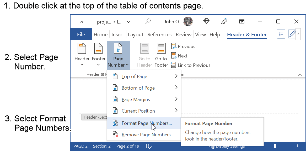 Format the page numbers in the table of contents with Roman numerals