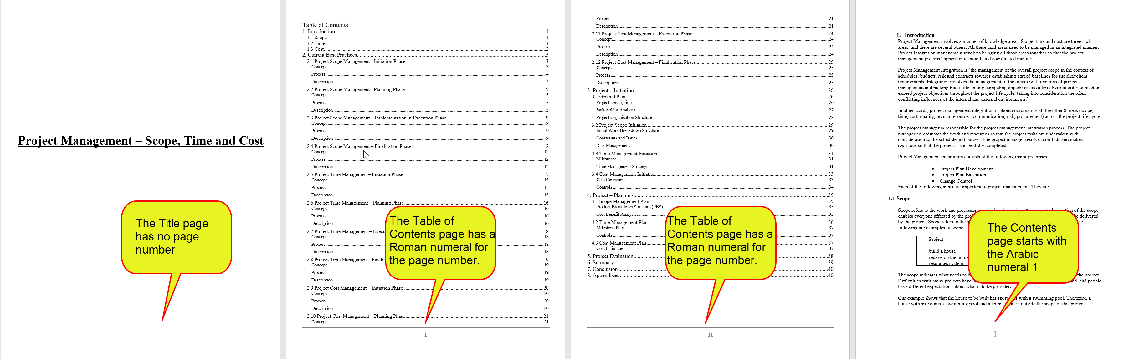 Example of a piece of academic writing with the Title Page having no page number, with the Table of Contents having page numbers ii to iii, and the main text starting with page number 1.