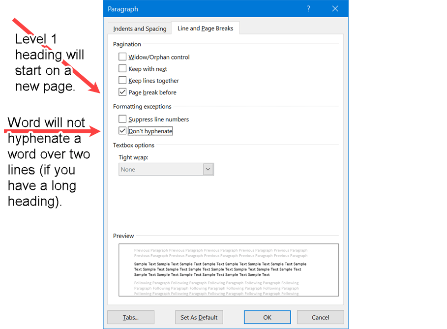 Word screenshot of page break and hyphenation properties required for APA Level 1 Headings.