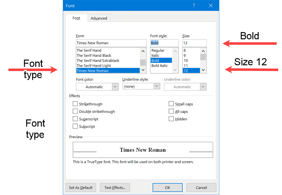 Word screenshot of font properties required for APA Level 1 Headings.
