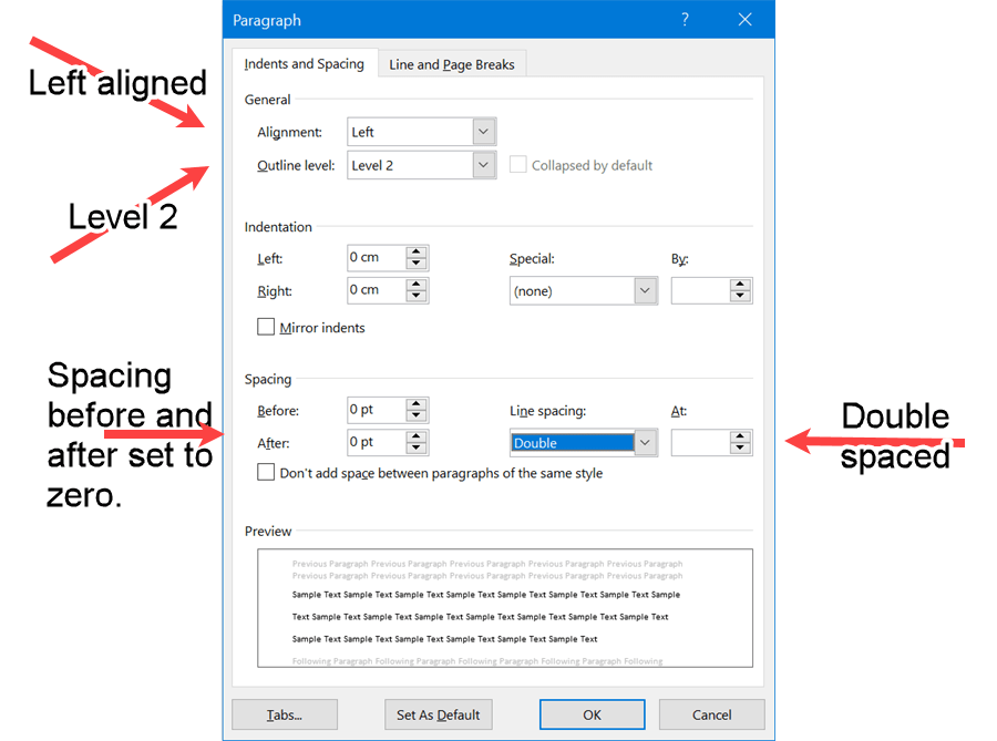 Word screenshot of paragraph properties required for APA Level 2 Headings.