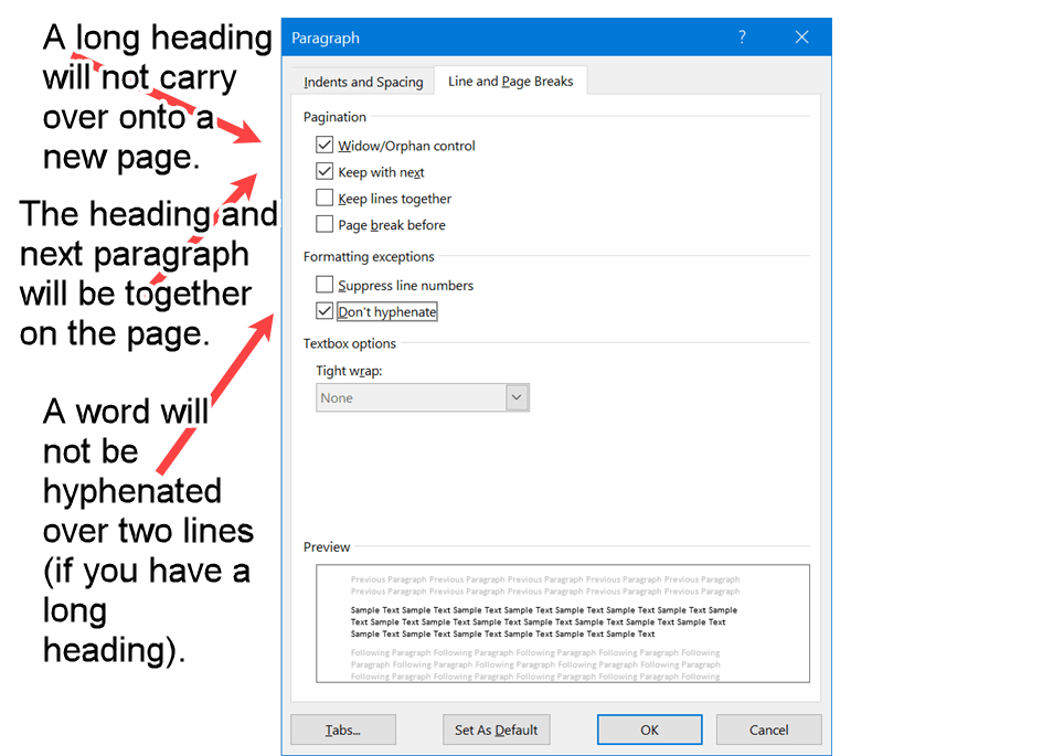 Word screenshot of page break and hyphenation properties required for APA Level 3 Headings.