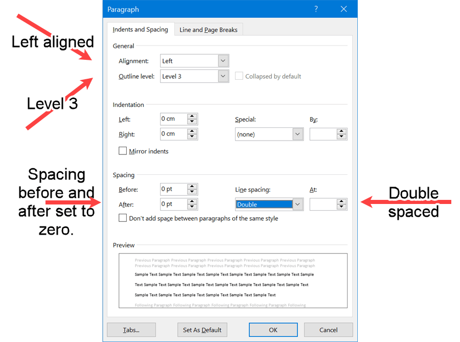 Word screenshot of paragraph properties required for APA Level 3 Headings.