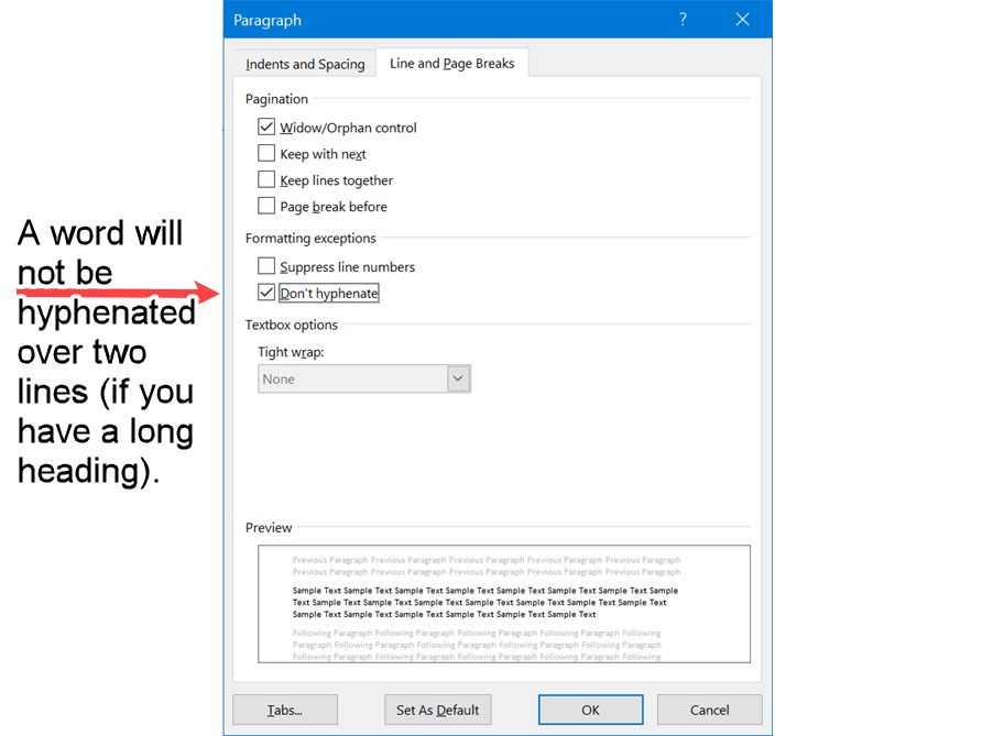 Word screenshot of page break and hyphenation properties required for APA Level 4 Headings.