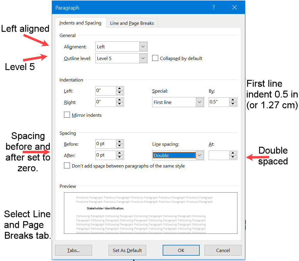 Word screenshot of paragraph properties required for APA Level 5 Headings.