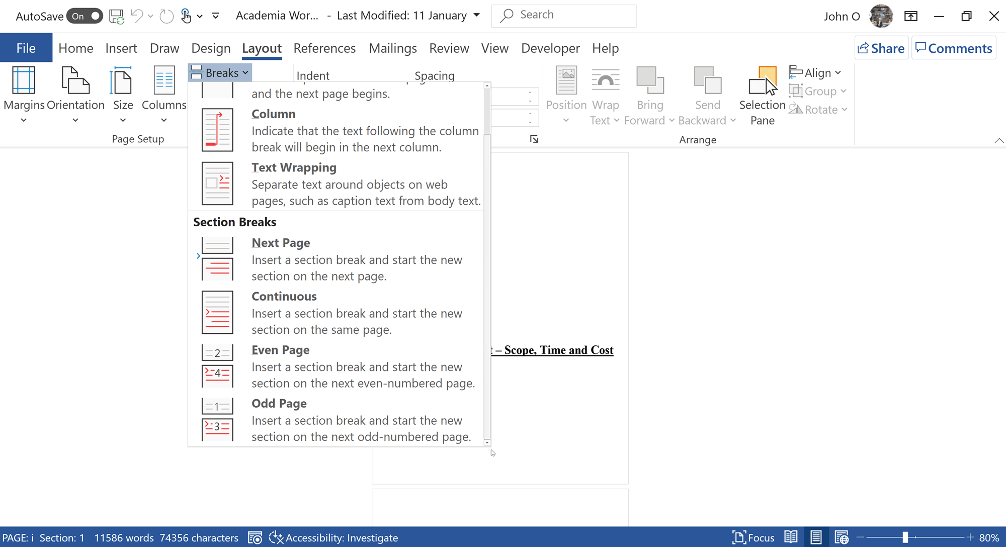 Shows the different section breaks in Word