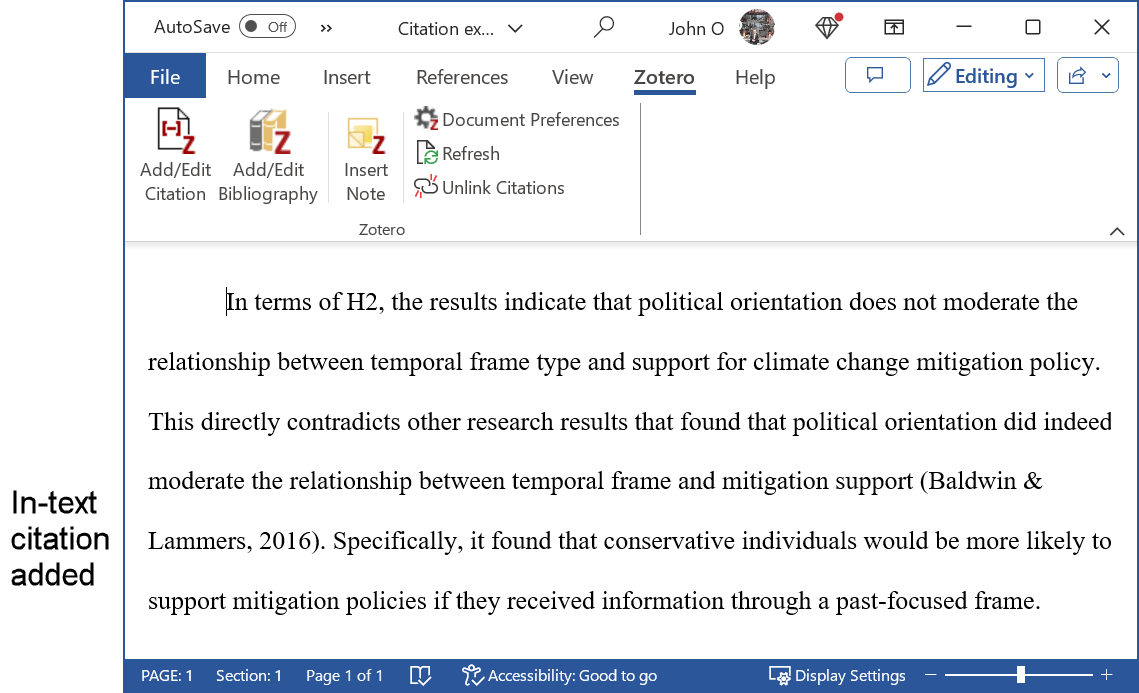 Example of citation inserted into a Word document by Zotero