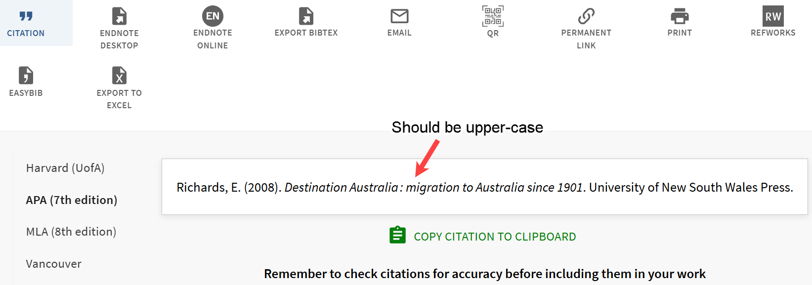 Incorrect copied citation with a subheading that is not capitalized according to APA rules.