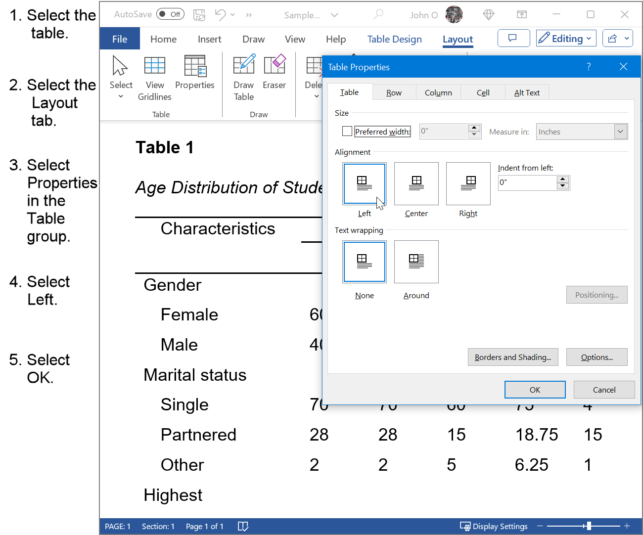 Step-by-step guide demonstrating how to left-align an APA-formatted table in Microsoft Word, ensuring proper layout and adherence to document formatting standards.