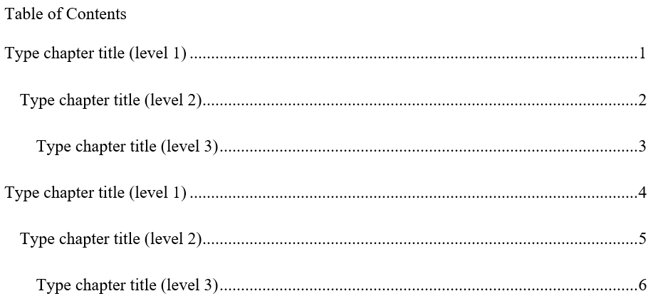 Manual table of contents template in APA format