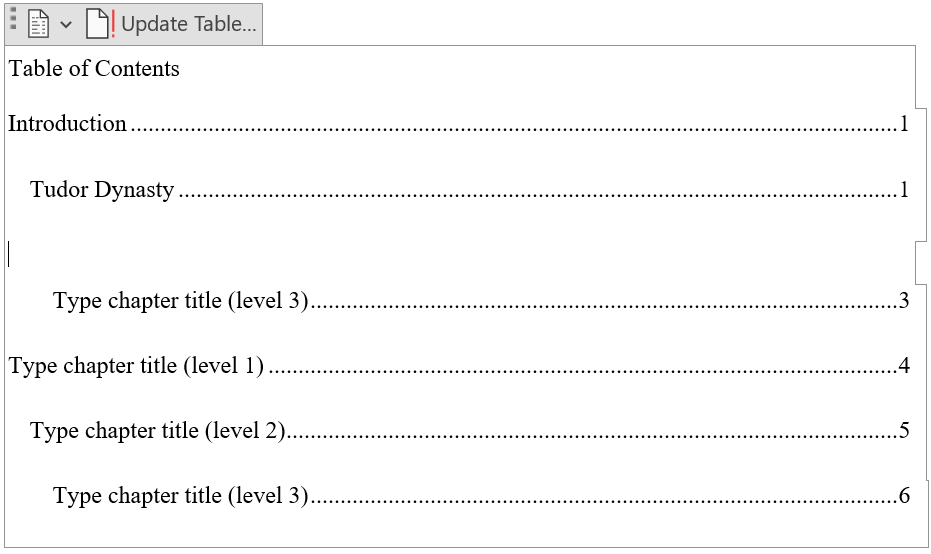 Place the cursor on the blank line in the manual table of contents.