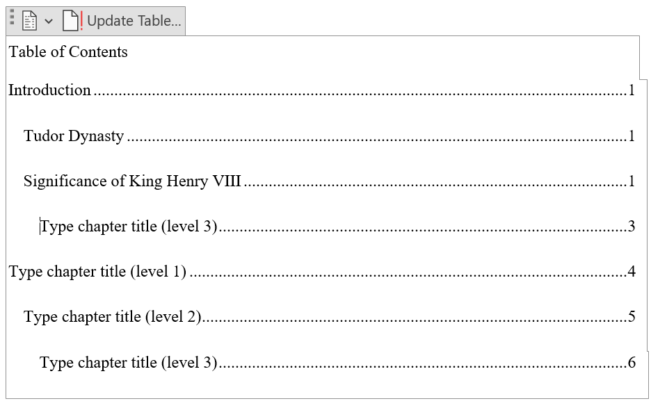 Completed entry in a manual table of contents