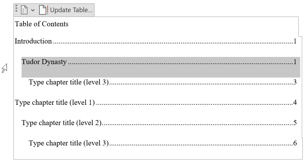 Copy an existing entry in a manual table of contents in a Word document.