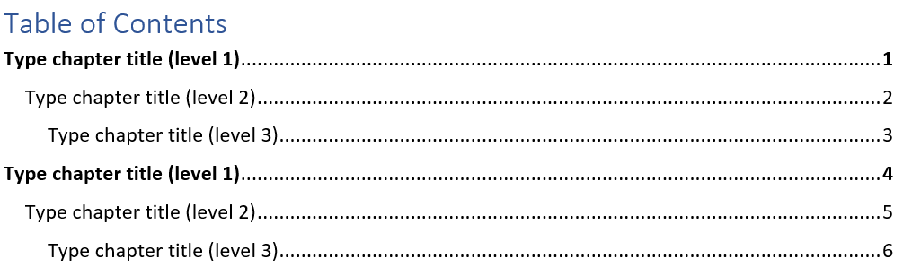 Manual Table of Contents Template in a Word Document