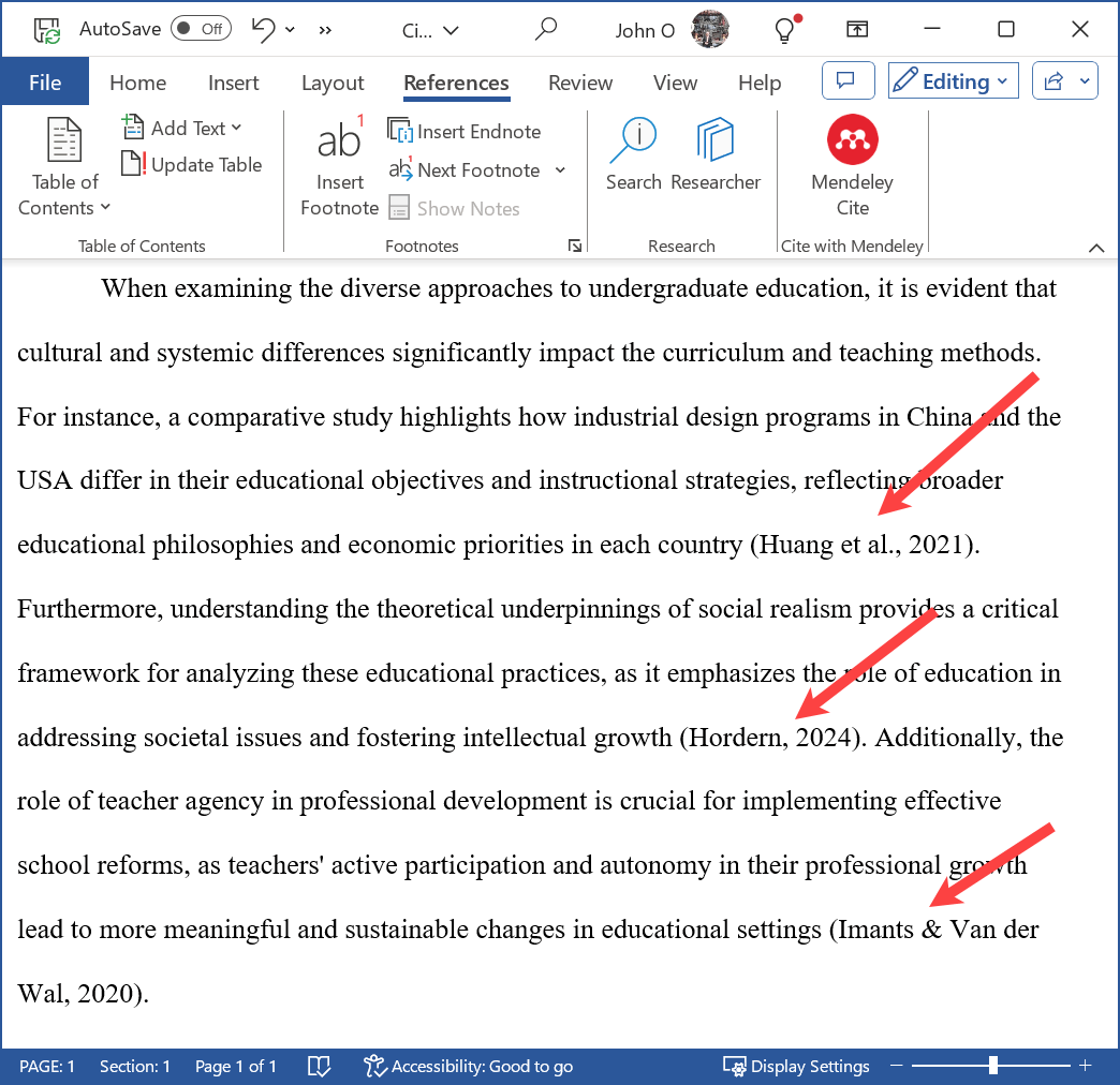 Example of citations inserted by Mendeley into a Word document