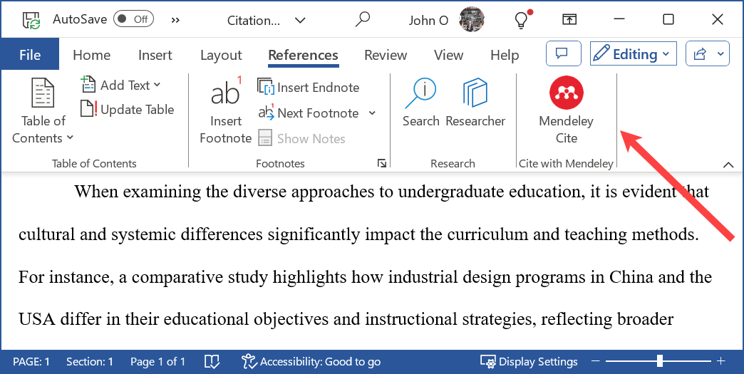 Mendeley cite tool in References tab in a Word document