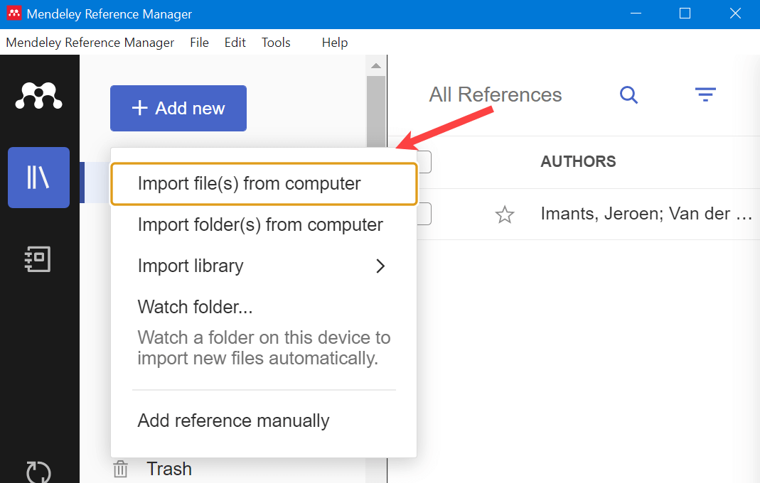 Mendeley screen to select file from the computer