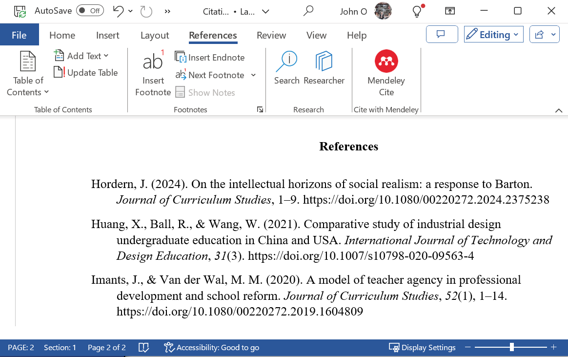 Reference list produced by Mendeley