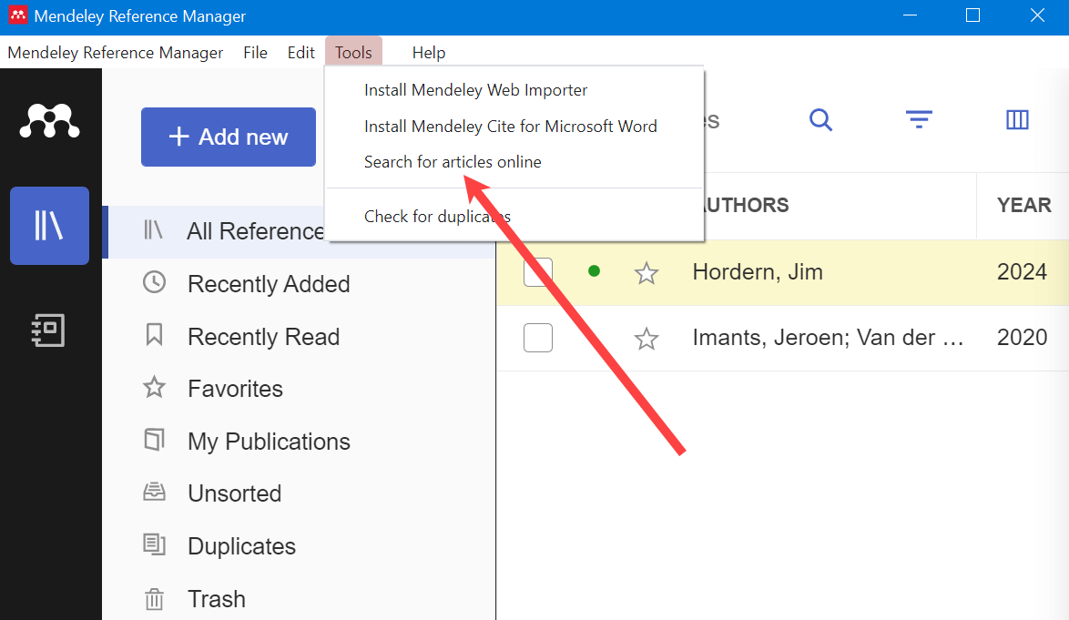 Select the Mendeley search tool