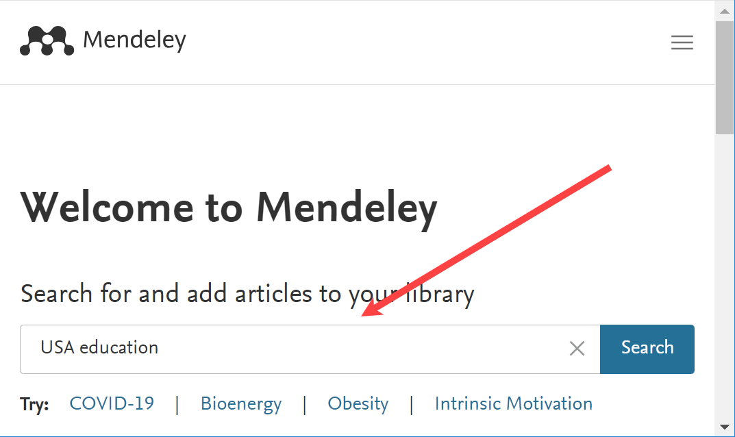 Enter key words for Mendeley search